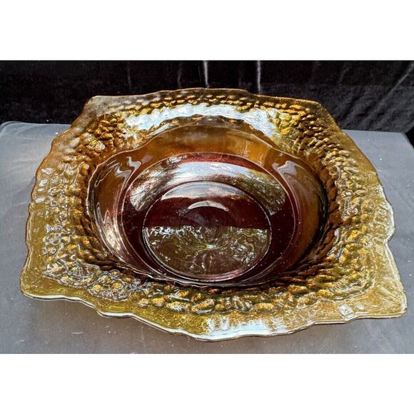 HUGE MCM Heavy Amber Glass 16" Centerpiece Bowl 20" Diagonal Amazing! 1960 Rare!